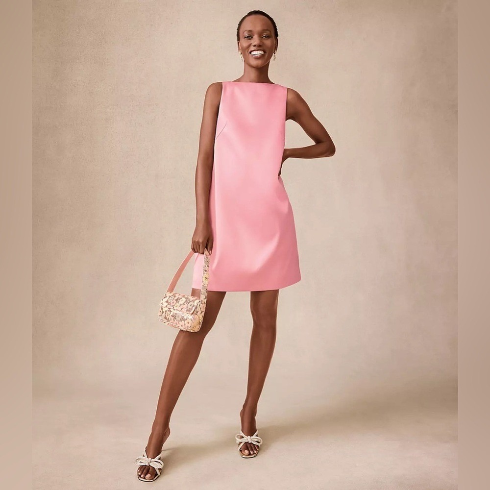 Loft Women Pink Satin Sleeveless Boat Neck Shift Dress Size 0 NWT